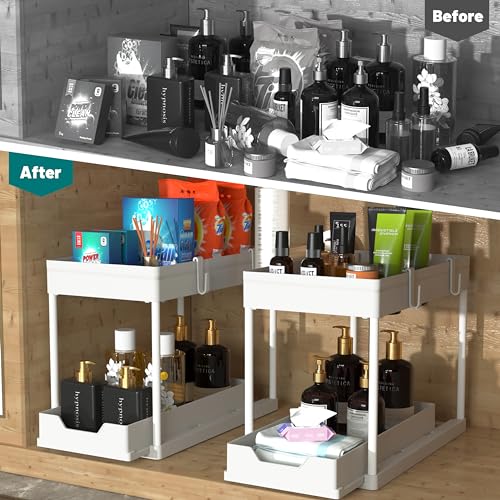 MEAFBIRD 2 Pack Under Sink Organizer, 2 Tier Bathroom Cabinet Organizer with Sliding Basket, Multi-Purpose Under Sink Organizers and Storage for Bathroom Kitchen (White 2 Pack) - color: White 2 Pack