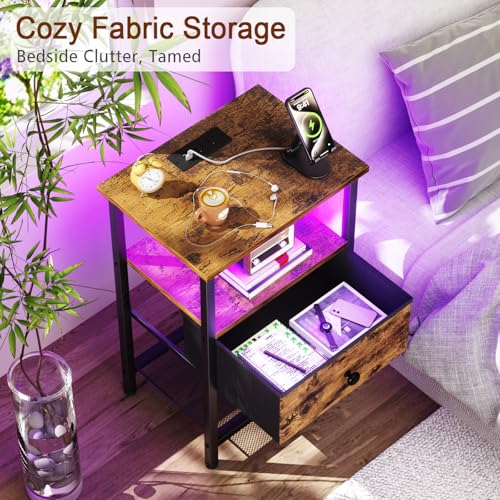 LOAKEKEL Nightstand with Charging Station, End Table with Fabric Drawer, LED Night Stand for Bedroom, Small Bed Side Table with USB Ports and Outlets, Brown, HETS01BR-1 - color: Rustic Brown, style: One-drawer