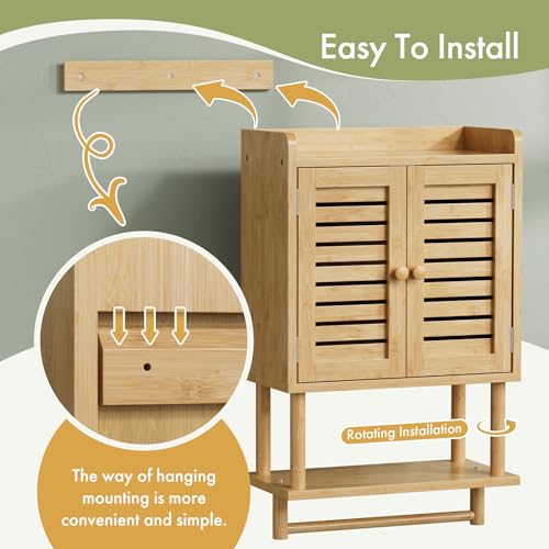 AmazerBath Bathroom Wall Cabinet, Bamboo Over The Toilet Storage Cabinet, Hanging Medicine Cabinets with Towel Bar, Wall Mounted Storage Shelf with Adjustable Shelves for Small Spaces - color: Natural With Striped Door, size: 16.5" W x 26.6" H