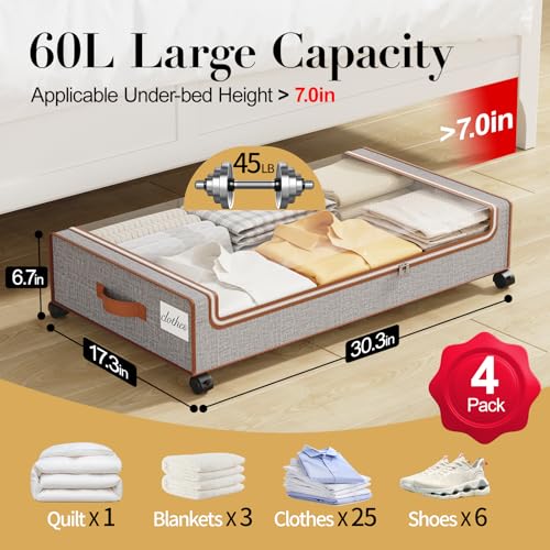 Yecaye Under Bed Storage with Wheels, 4 Pack Under the Bed Storage Containers with Lids & Label, XXL 60L Rolling Underbed Storage Drawers for Clothes, Blankets, Shoes - color: Greige, size: 4 Pack