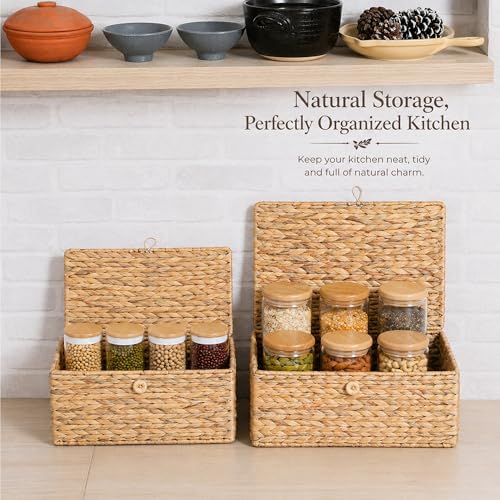 LUSYDECO Set of 3 Wicker Storage Baskets with Lid, Large Rectangular Rattan Basket Decorative Boxes, Natural Water Hyacinth Wicker Basket for Shelf Organizer, Nursery Room