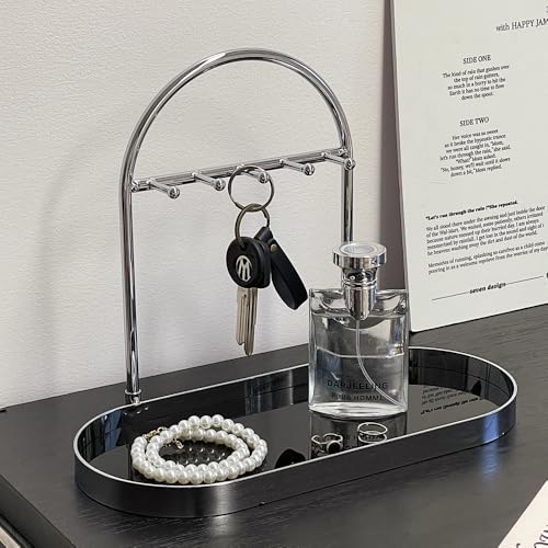 Shinpuru Metal Jewelry Organizer Stand & Key Holder Tray with Acrylic Base, Key Stand and Jewelry Tray with 5 Hooks, Perfect Key Bowl, Valet Key Tray, Ring Holder, Jewelry Dish (Silver Black) - color: Silver Black