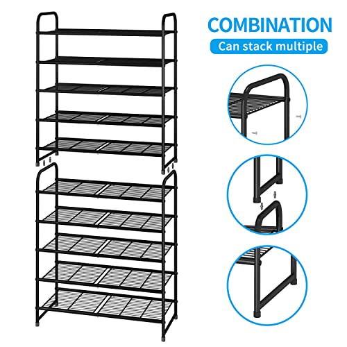 Simple Trending 5-Tier Stackable Shoe Rack, Expandable & Adjustable Shoe Organizer Storage Shelf, Wire Grid, Black - color: Black, size: 5 Tiers