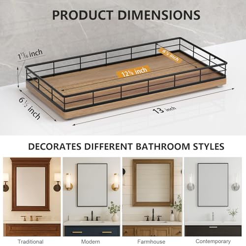 Toilet Paper Basket Organizer – Acacia Wood Toilet Tank Tray with Metal Frame, Bathroom Counter Top Storage for Toilet Paper, Wipes & Decor, Modern Narrow Back of Tank Shelf Organizer, Black & Acacia - color: Black & Acacia, size: 13" x 6.5" x 2"