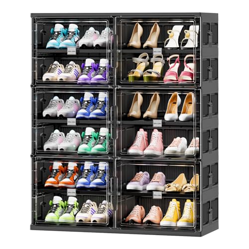 JEKO&JEKO 6 Tiers Foldable Shoe Rack Organizer Cabinet for Closet Entryway, Large Collapsible Shoe Storage Box with Magnetic Doors (Black) - color: Double-row, size: 6 Tiers