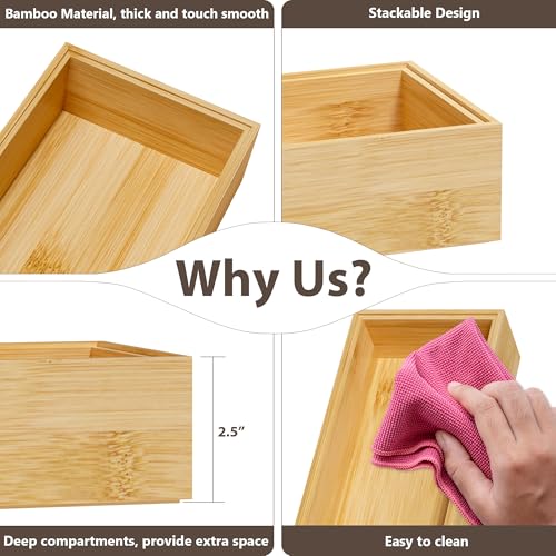 Kitchen Drawer Organizer Bins, Stackable Bamboo Deep Drawer Organizer for Silverware, Utensils, Cutlery, Flatware, Junk Drawer, Dresser, Bathroom, 14" x 5" x 2.5" (Set of 2) - color: Bamboo, size: 14 x 5 x 2.5 Inch