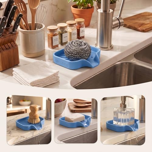 MicoYang Silicone Bathroom Soap Dishes with Drain Spout-Bathroom and Kitchen Sink Organizer,Sponge Holder,Dish Soap Tray,Perfect for Dispenser,Scrubber,Bottle,Cup on Counter Lichen Blue 4.9"×3.2" - color: Lichen Blue, size: S(4.9"×3.2")