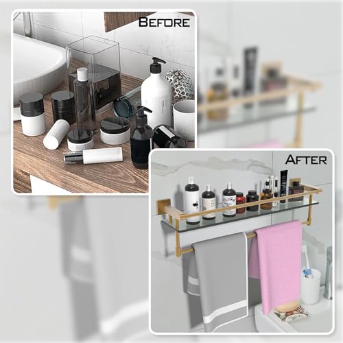 Bathroom Glass Shelf with Towel Bar/Rack 24 inches Wall-Mounted Shelves Tempered Glass Sink Toilet Organizer Shower Towel Decorative Storage (Polished Gold Finish) - color: Brushed Gold, size: 24-inch with Railing