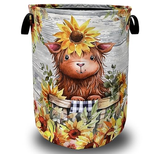 Cute Sunflowers Small Cow Laundry Basket Foldable With Handles Tote Bag Oxford Cloth Funny Laundry Hamper Clothes Storage Bucket Toy Organizer 18.9" x 16.5" For Bathroom/Laundry/Bedroom - color: Cute Sunflowers Small Cow