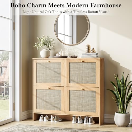 Nicetree Shoe Cabinet Storage for Entryway, 4-Flip Drawer Narrow Shoe Rack with Adjustable Shelves, Boho Modern Square Rattan Shoe Organizer, Slim Wood Storage Cabinets for Small Spaces Fits Size 13.5 - color: Natural Honey Oak, style: 4 Flip Drawer - Cla