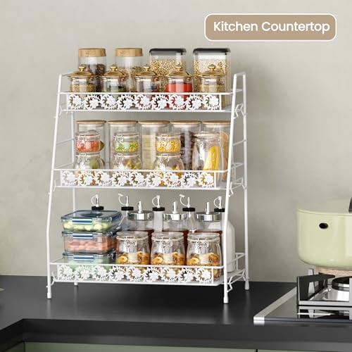 3 Tier Shelf Organizer,Large Size Storage Rack,Counter Organiztion for Bathroom Countertop Shelf for Spice Racks Snacks,for Kitchen/Sink/Bedroom/Living Room/Office/Plant Rack Full Metal - color: White