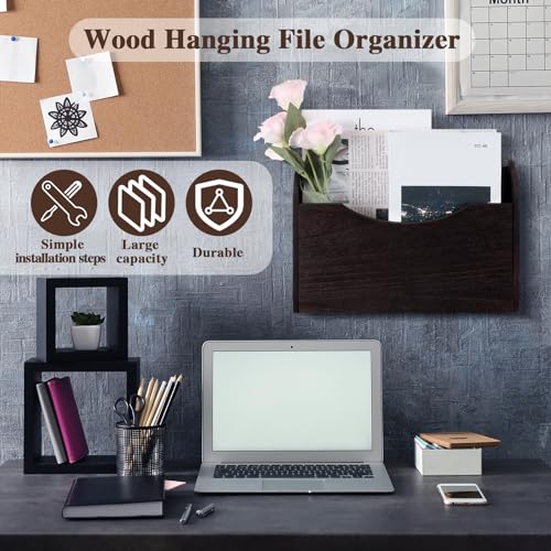Suzile Wall Mounted File Holder Wood Magazine Holder Wall Hanging File Organizer for Office Mail Magazine Letter Paper Folder Organization (Brown)