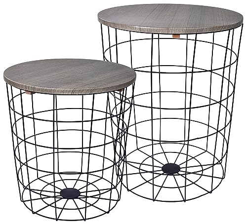 Elevon Nesting Table End Table Wire Basket Base with Wood Tops Side Table Set of 2, Gray - color: Grey
