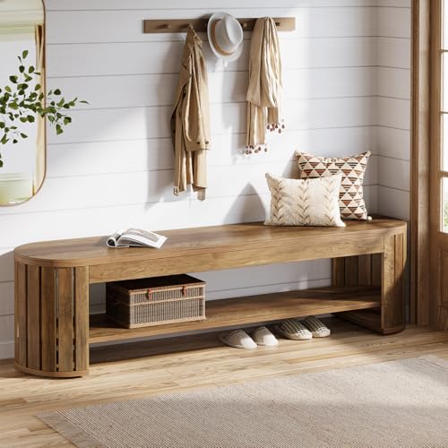 Tribesigns 63" Wooden Entryway Bench with Shoe Storage, Long 2-Tier Narrow Shoe Bench with Arc Vertical Slat Splicing Legs, End of Bed Stool for Bedroom, Entrance, Living Room (Brown) - color: Brown