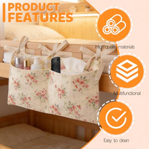 2 Pieces Floral Pattern Bedside Caddy with 2 Pockets, Bedside Hanging Storage Organizer, Dorm Rooms Bunk Bed Storage Bag for Home Phone Remote Control Key Glasses (Beige) - color: Beige