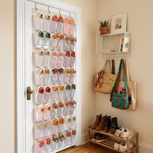 48 Pockets Over The Door Shoe Organizer, Large Mesh Hanging Shoe Rack, 6-Column Heavy Duty Shoe Storage for Sneakers and Heels, Behind Door Holder for Entryway Bedroom Dorm College, Beige - color: Beige