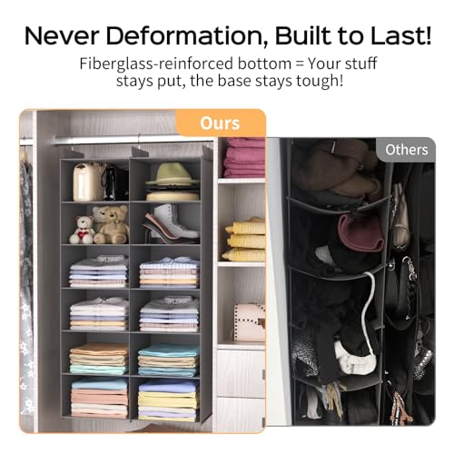 ALLTIDYUP Space-Saving Hanging Closet Storage Organizer – Dual-Row Foldable Shelves with 3 Hooks, 6-Tier Wardrobe Organizer for Dorm, Bedroom, Closet (Grey) - color: Grey, size: 6 Tier