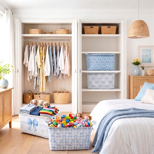 4pcs 4 Pcs Blue Bow Storage Basket for Gifts Collapsible Girls Coqutte Blue Storage Bins with Handle Cute Preppy Foldable Laundry Organizer for Home Bathroom Bedrooms Baby Clothes Toys Books - style: Blue Bow