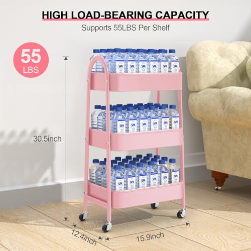 EAGMAK 3 Tier Utility Rolling Cart, Metal Storage Cart with Handle and Lockable Wheels, Multifunctional Storage Organizer Trolley with Mesh Baskets for Kitchen, Living Room, Office, Garage (Pink) - color: Pink, size: Normal