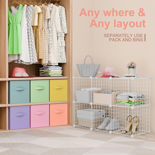 Leinuosen 6 Cube Storage Organizer with 6 Foldable Fabric Storage Bins, Metal Wire Grid Shelves, Stackable Modular Closet Organizer for Bedroom Living Room Office Toys Books(White,Fresh Color) - color: White,Fresh Color