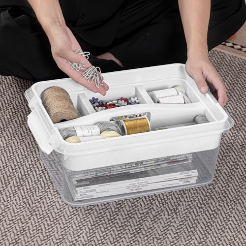 CraftGenes Craft Storage Box with Removable Tray, 20 QT Clear Plastic Organizer with Lids, White Playdoh Storage Containers for Crafts Supplies, Tools, Puzzles - size: 1-Pack