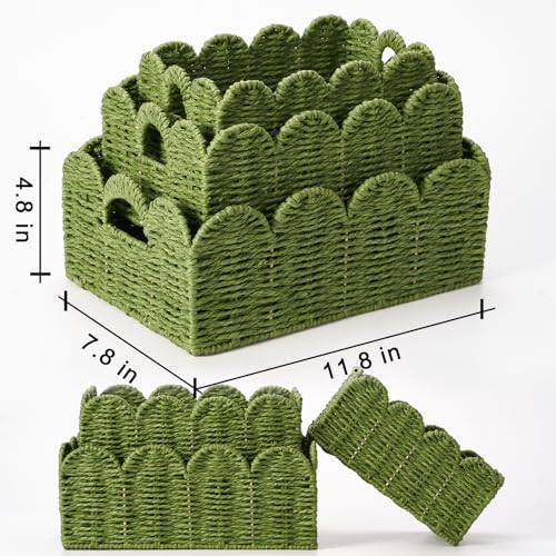 Scalloped Wicker Baskets, Set of 3 Hand-Woven Storage Baskets with Handles - Paper Rope Shelf Organizers & Decorative Baskets for Shelves, Closet, Bathroom (Green） - color: Greem