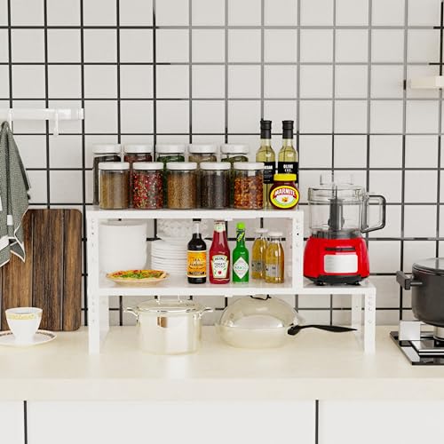 Jojocross Expandable Stackable Spice Rack Organizer for Kitchen Cabinet,Adjustable Counter Shelf, countertop, Pantry,Cupboard,Bathroom,Bedroom(2Packs/White/Large) - color: 2 Packs/White, size: LARGE:10.2"D x 16.7~26.6"W x 6.1"/7.5"H
