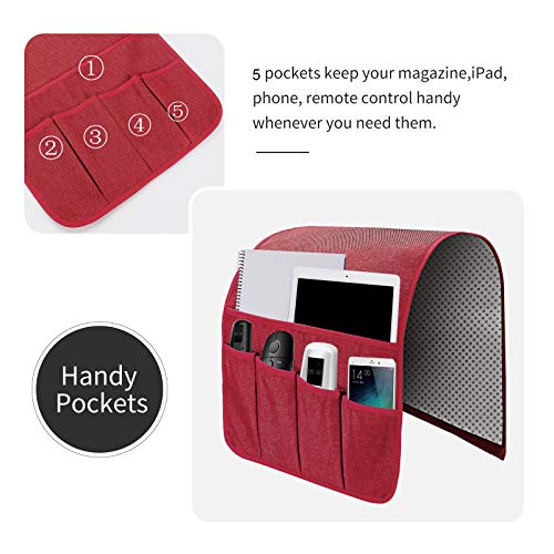 Sofa Armrest Organizer, Remote Control Holder for Recliner Couch, Arm Chair Caddy with 5 Pockets for Magazine, Tablet, Phone, iPad - color: Burgundy, size: W13'' x L33''