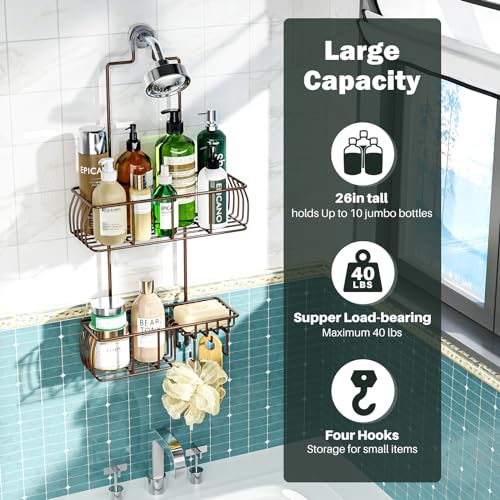 Epicano Shower Caddy Hanging, Anti-Swing Over Head Shower Caddy Rustproof with hooks for Towels, Sponge and more, Bronze - color: Bronze