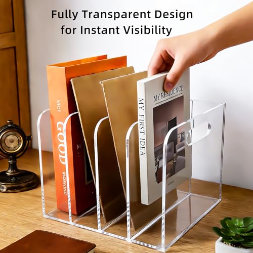 4 Vertical Compartments Clear Acrylic Magazine & File Holder – Multipurpose Desk Organizer for Office, Tablets, Magazines, Books – Documents/Home/Classroom Rack - size: A4, 4 Sections