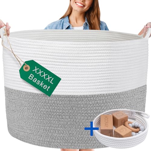 XXXXL WASHABLE Jumbo 125L Extra Large Blanket Basket, Woven Decorative Cotton Rope Basket with Handles for Laundry, Living Room, Baby Toys Nursery, Storage, Organization Bins 24" x 17" (Grey & White) - color: Grey and White, size: Jumbo