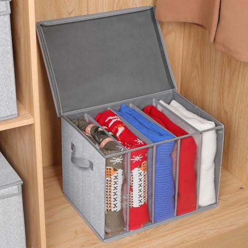 Zilink Upgraded Sweater Storage for Closet Shelf with Lids and Support Boards Clothes Organizer for Closet with 5 Grids Divider Sweater Organizers for Sweaters, Jeans, Pants, Grey Pattern, 3 Pack - color: Grey Pattern - For Sweater