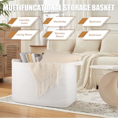 OIASKET 118L Extra Large Blanket Basket, 24.8"x17.7"x16.2" Woven Rope Baskets for Storage, Nursery Blanket Storage for Living Room, Toy Basket with Handle Organizing Comforter Cushions Pillows, White - color: White