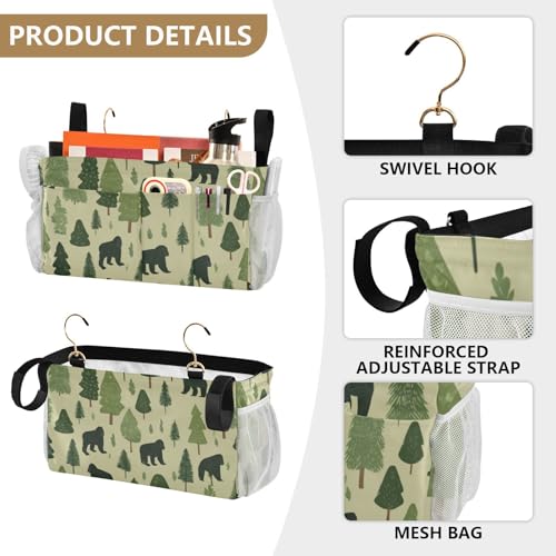 Bedside Caddy Metal Frame Hanging Organizer Bunk Bed Dorm Accessories Hook And Loop Storage Bag Large Pockets Forest Cartoon Gorillas Green - color: Forest Cartoon Gorillas Green