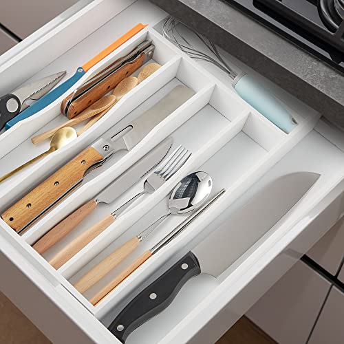 Expandable Bamboo Kitchen Drawer Organizer for Cutlery and Utensils, Adjustable Bamboo Wood Cutlery Tray in Drawer for Flatware and Silverware in Kitchen, (White) - color: White, size: 7 Slots Expandable