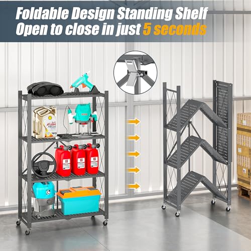 Fenbeli 4-Tier Folding Metal Storage Shelf with Wheels, No Assembly Organizer Rack, Heavy Duty Collapsible Shelving Unit for Garage, Kitchen, Basement, Pantry, Living Room(New Upgrade - Gray, 4 Tier)
