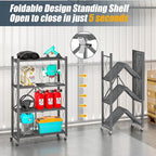 Fenbeli 4-Tier Folding Metal Storage Shelf with Wheels, No Assembly Organizer Rack, Heavy Duty Collapsible Shelving Unit for Garage, Kitchen, Basement, Pantry, Living Room(New Upgrade - Gray, 4 Tier)
