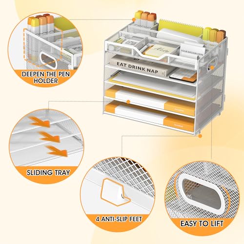 5 Tier Paper Letter Tray with 3 Drop-in Pen Holders, Mesh Desk File Organizer with Handle, Desk Organizers and Accessories for School,Home, Office Supplies Storage-White - color: 5 Tier-White, size: 12.5" x 9.1" x 10.3"