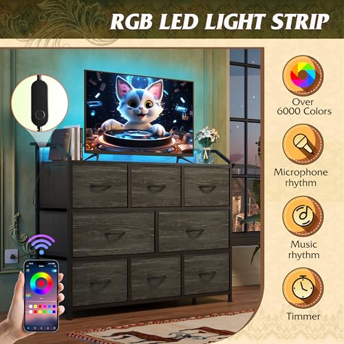 WLIVE Led Dresser for Bedroom, TV Stand for Bedroom with LED Lights and Power Outlet, Wide Chest of Drawers for Hallway, 8 Fabric Drawers for Living Room and Entryway, Charcoal Black Wood Grain Print - color: Charcoal Black Wood Grain Print, style: 8 Draw