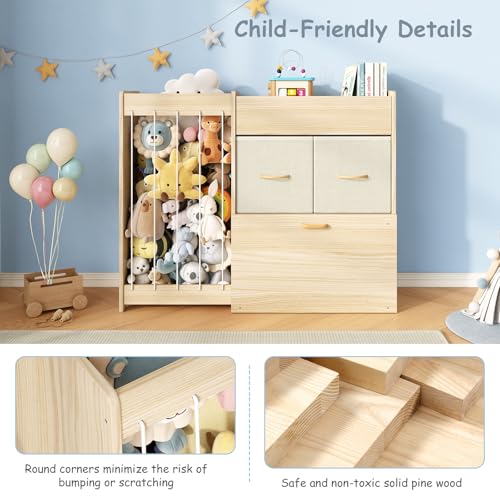 Toy Organizer and Stuffed Animals Storage, All-in-One Toy Shelf with Stuffed Animal Holder, 2 Drawers, Movable Toy Chest & Top Shelf, Solid Wood Bedroom Toy Storage Organizer - style: Burlywood+stuffed Animal Shelf