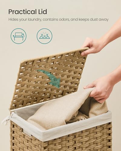 SONGMICS Storage Basket with Lid, Woven Blanket Storage Bin with Handles, Foldable, Removable Liner, Metal Frame, for Bedroom, Laundry Room, 9.2 Gallons (35 L), Natural URST040YE01 - color: Natural, size: 35 L