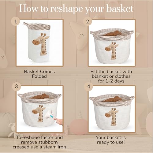 Giraffe Storage Basket for Nursery – Large 15”x11” Cotton Rope Bin with Soft Felt Animal Patch – Toy Organizer, Baby Laundry Hamper, Diaper & Towel Holder – Foldable, Washable & Baby-Safe - color: Giraffe