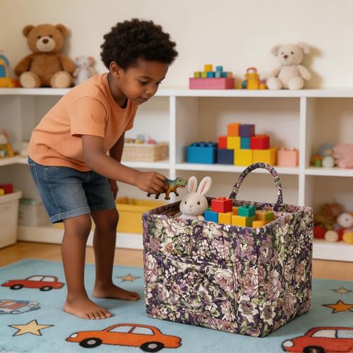 Quilted Laundry Basket with Handles - Multi-Purpose Fabric Storage Basket，Boho Fabric Storage Baskets with Handles for Car, Home & Nursery - Collapsible Square Organizer (Purple) - color: Purple