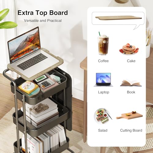 DTK 3 Tier Metal Utility Rolling Cart with Table Top and Side Bags, Tray Storage Organizer Wheels, Art Craft 4 Hooks for Kitchen Bathroom Office Living Room (Black) - color: Black, size: Large