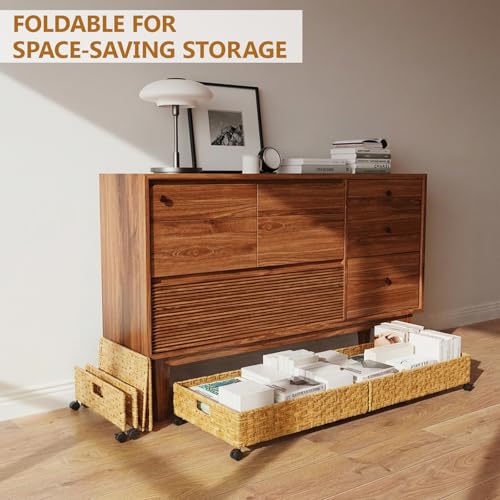 Under Bed Storage Containers with Wheels, 31.5” Large Handwoven Rattan Rolling UnderBed Storage Bins, Tool-free Assembly Natural Under The Bed Organizer Drawers for Bedroom, Sheets Clothes Blankets - style: 2 Pack(A-Natural)