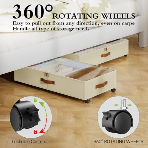 Yecaye Under Bed Storage with Wheels, 4 Pack Under Bed Storage Containers with Adjustable Dividers & Clear Window, Rolling Underbed Organizer Bins Drawers for Clothes, Shoes, Blankets, Beige - color: Beige, size: Large(4Pack)