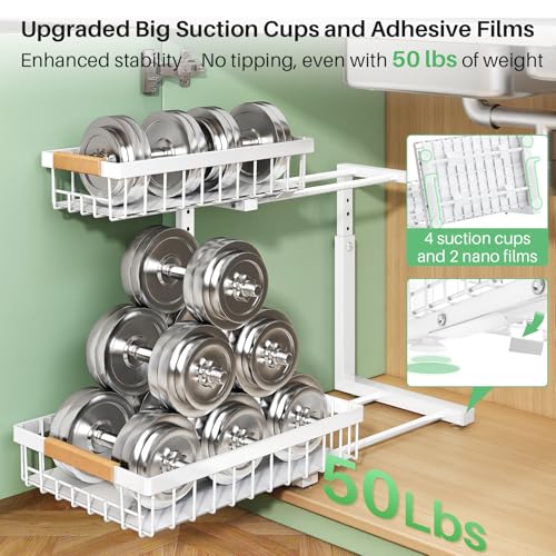Kitstorack Under Sink Organizer, 2 Tier Under the Sink Storage, Slide out Pull out Cabinet Organizer Shelf, Metal Sliding Drawer for Kitchen Bathroom Pantry Closet Organization Rack, White, 1 Pack - color: White, size: 1 Pack