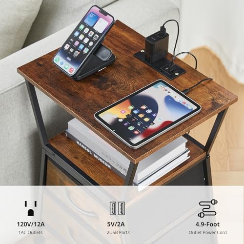 Nightstand with Charging Station, Side Tables for Bedroom with Built-in USB Side Table with 2 USB Ports and Outlets Nightstand with Cloth Drawer End Tables Living Room Sofa Couch - color: Rustic Brown With Socket