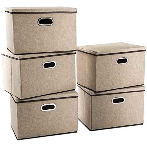 PRANDOM Extra Large Collapsible Storage Bins with Lids [5-Pack] Linen Fabric Foldable Storage Baskets Boxes Organizer Containers Cube with Cover for Bedroom Closet Office Nursery (22.8x15.75x13.8) - color: Khaki, size: XXL (5-Pack)