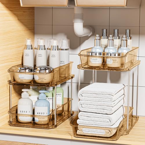Delamu 2-Tier Under Sink Organizers and Storage, Multi-Purpose Stackable Bathroom Cabinet organizers, Pull Out Kitchen Pantry Organization and Storage with Dividers(2 Pack, Amber) - color: Amber, size: 2 Pack